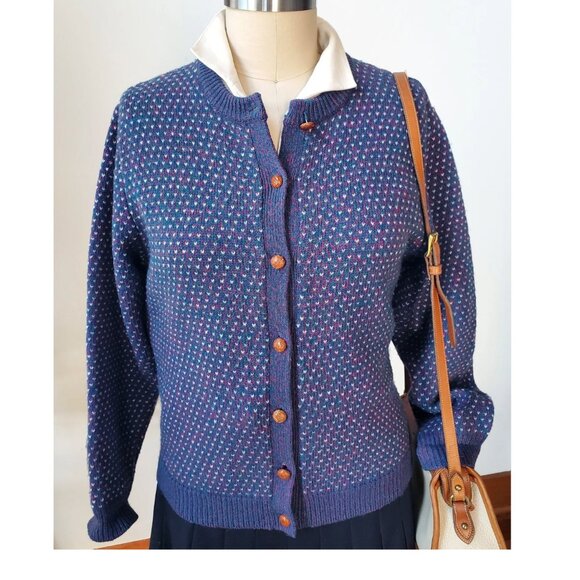 80's Woolrich Woman Blue Teal and Magenta Wool Bird's Eye Fisherman Cardigan M - Picture 1 of 5